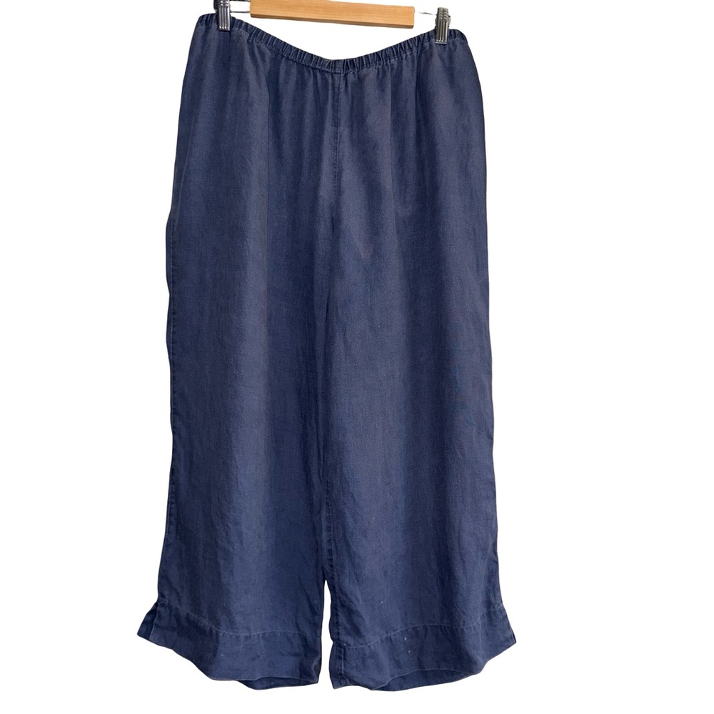 J Jill 100% Linen Pull On Pants Blue Elastic Waist Cropped Wide Leg Relax - Picture 2 of 8